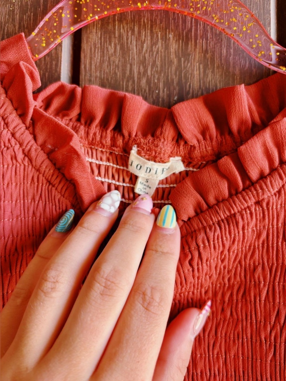Women’s Ruffled Smocked Long-Sleeve Top - Rust - Picture 3 of 3